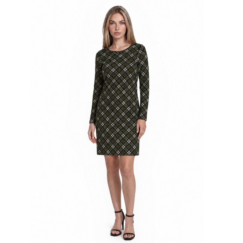 Michael Kors Green Black Plaid Shift Dress Women's Size Medium Long Sleeve
